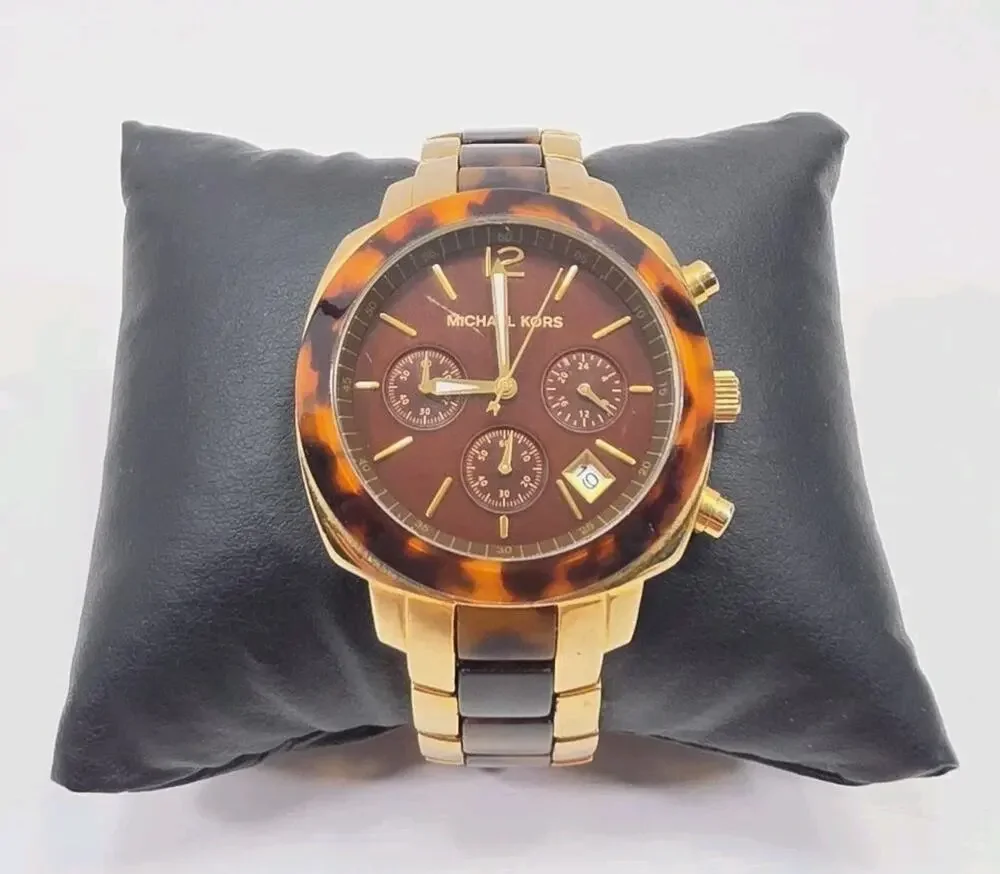 Michael Kors MK5246 Women's Chronograph Gold Tone Brown Dial New Battery W281